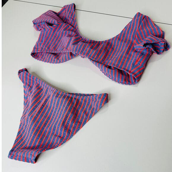 Solid & Striped Lilac & Orange Striped Front Tie Bikini 2 Piece Bathing Suit M - Picture 8 of 12